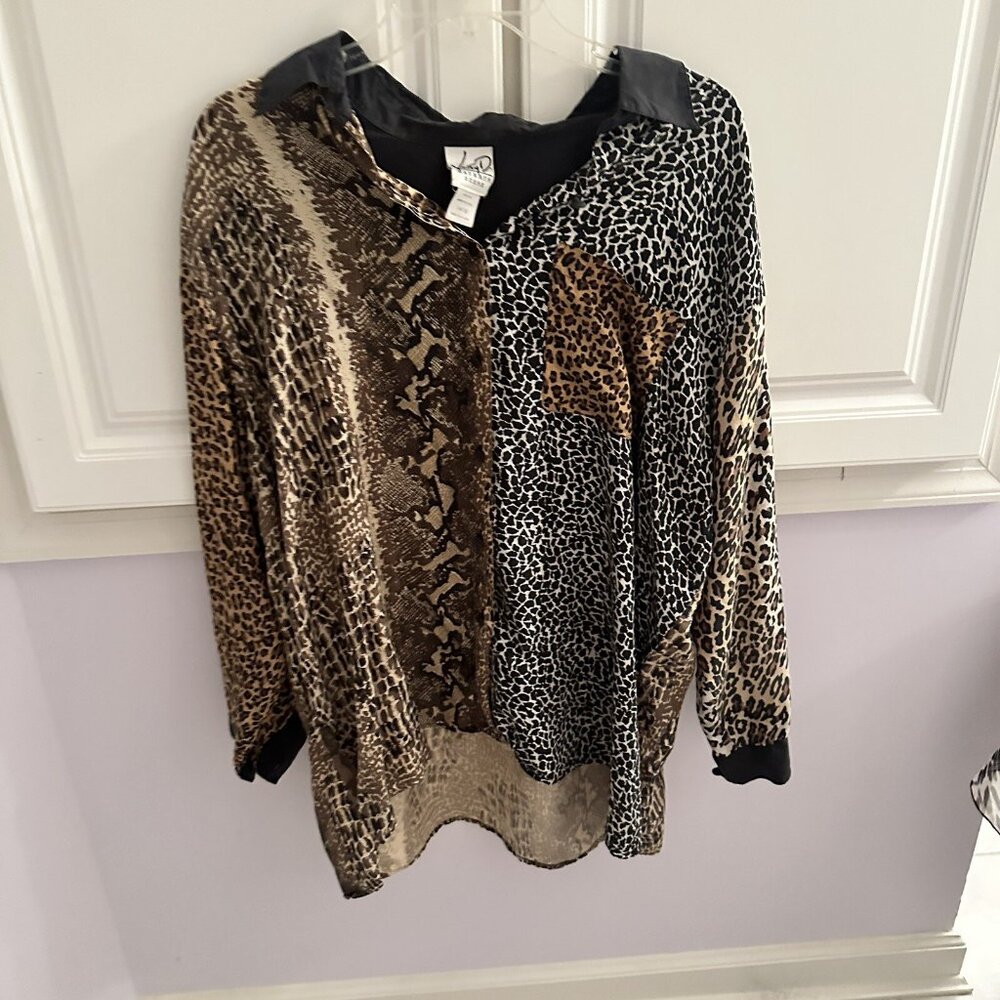 Kathryn Deene Women's Brown Animal Print Long Sleeve‎ Button-Up Blouse Size 14